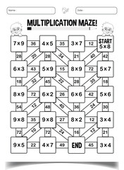 Multiplication maze puzzle worksheet for children