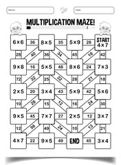 Multiplication maze puzzle worksheet for children