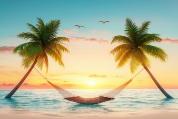 Tranquil Tropical Island Escape with Hammock Between Palm Trees at Sunset