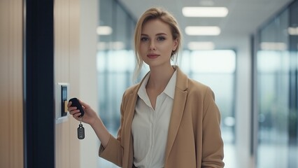 Blonde woman uses a digital key card to access a secured area in a modern office hallway.