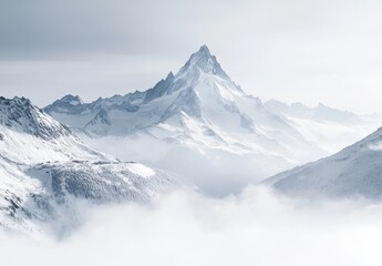 Obraz premium Majestic Snow-Capped Mountain Peaks Rising Above Mysterious Foggy Valley in Serene Winter Landscape
