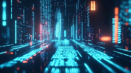 Futuristic Neon Cityscape with Glowing Digital Pathways and Lights