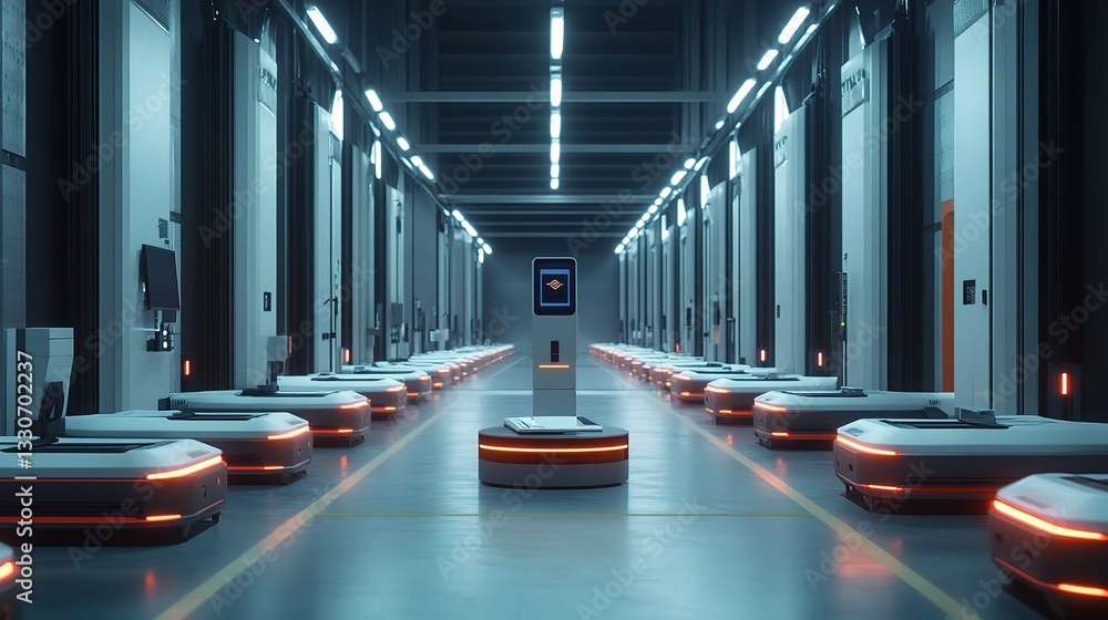 Poster futuristic automated warehouse with smart robotics technology