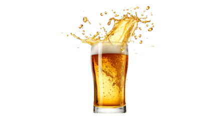 Beer Splash in Glass Refreshing Golden Drink, Isolated on Transparent Background