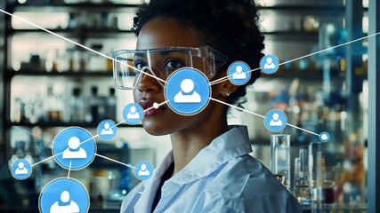 Biracial female scientist engaged in research with a network of connections visible in background, network of connections over biracial female scientist in laboratory