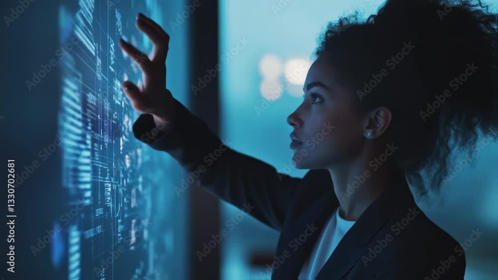 Aufkleber businesswoman analyzes data visualized on a large, interactive touchscreen display, navigating compl