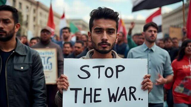 Young indian man holding cardboard sign reading "stop the war" while marching in peaceful protest with diverse group of protestors, activist advocating for peace, demonstrating against armed conflict