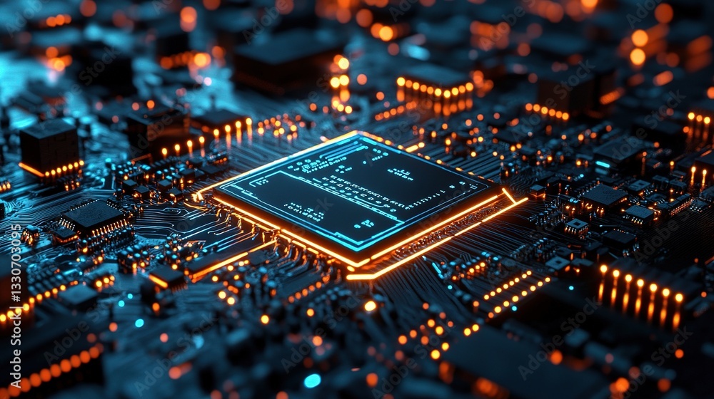 Poster glowing circuit board with cpu and connections in dark environment
