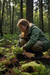 A young woman carefully plants a seedling in a dense green forest, symbolizing care for the environment.