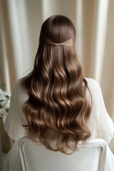 Back view of a woman with long, wavy, brown hair styled in a half-updo, highlighting its volume and shine while creating an elegant, romantic appearance perfect for any occasion