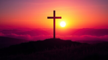 Sunset Cross Silhouette on Mountaintop Landscape