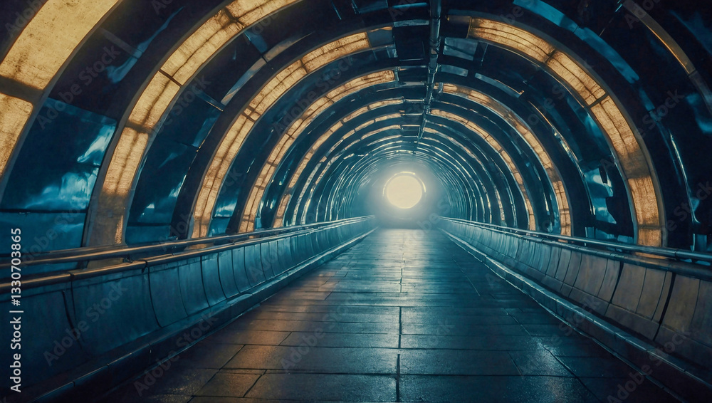 Poster surreal futuristic tunnel with soft lighting creating an atmosphere of mystery.