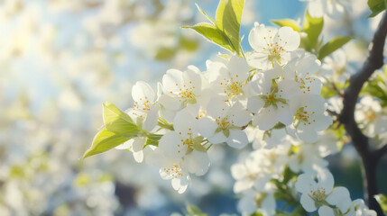 Obraz premium White blossoms covering apple tree branch, bright blue sky backdrop, sunlit spring orchard landscape