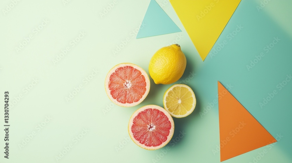 Aufkleber two halves of a fresh grapefruit, a whole lemon and a lemon slice are arranged on a vibrant teal bac