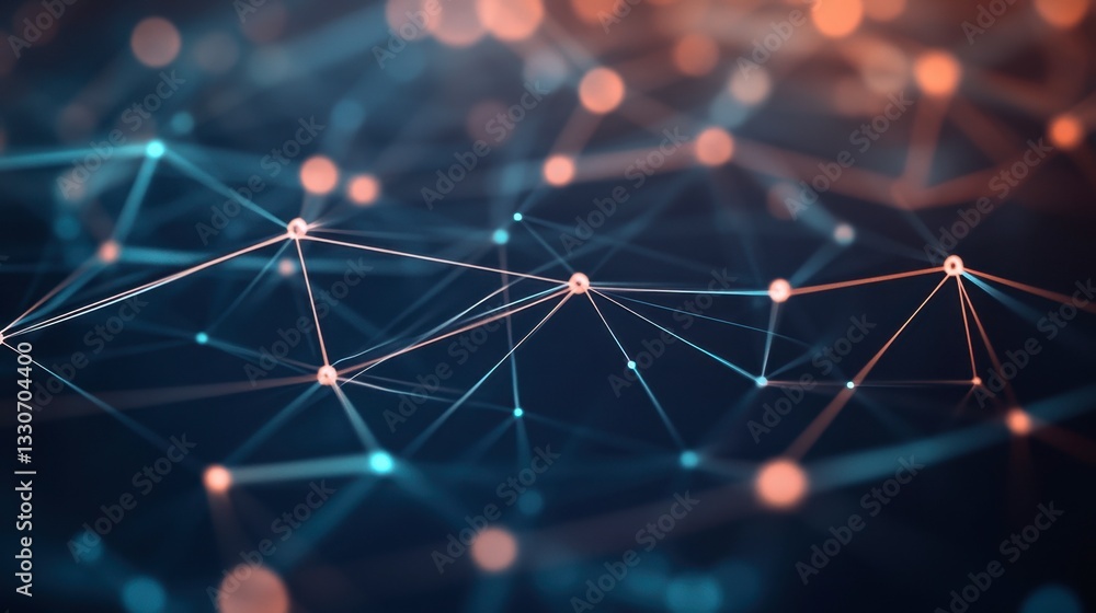 Poster abstract network connection with bright nodes and lines in blue orange