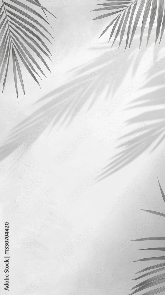 Aufkleber palm leaves casting intricate shadows on a white concrete wall, creating an aesthetic and minimalist