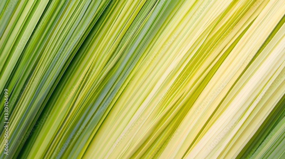 Poster close-up view of a palm leaf showcasing a vibrant diagonal pattern of alternating green and yellow h