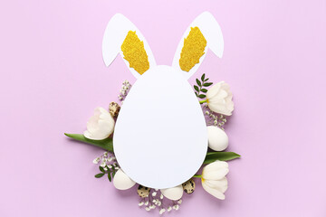 Composition with paper bunny, Easter eggs, flowers and green leaves on lilac background
