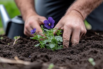 A detailed view of hands working in soil, planting vibrant purple pansies, capturing the essence of gardening and the beauty of nature's colors in a serene outdoor setting.