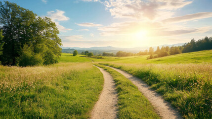Fototapeta premium Serpentine dirt path traversing verdant grassland, bathed in golden sunset light, depicting peaceful rural landscape