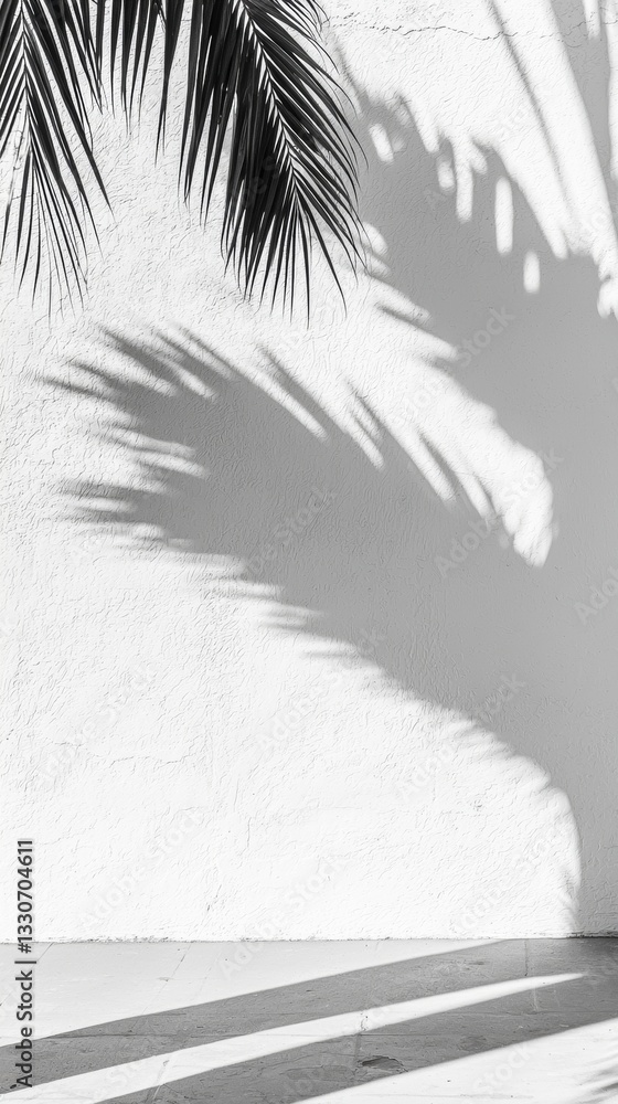 Poster sunlight casting intricate shadows of palm tree leaves on a white wall, creating a stunning and arti