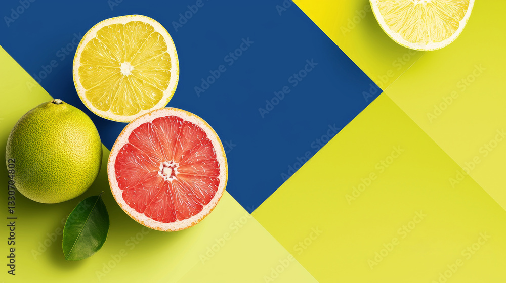 Poster sliced citrus fruits such as grapefruit, lemon, and lime are arranged on a vibrant two-toned backgro