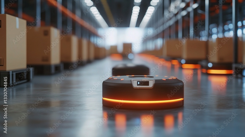 Poster futuristic automated robotics for package sorting in warehouse