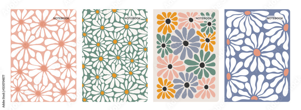 Poster abstract notebook design with floral pattern. vector daisy flowers in retro groovy style. cute summe