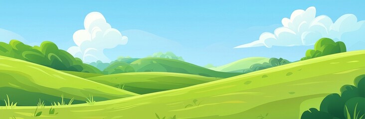 Obraz premium Rolling green hills undulating beneath a clear blue sky, dotted with fluffy white clouds, create a serene and picturesque landscape that embodies the beauty of nature