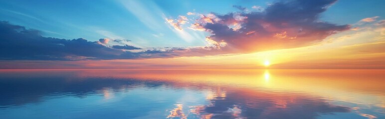 Fototapeta premium Vibrant sunset paints the sky with warm hues of orange and pink, reflecting beautifully on the tranquil ocean water, creating a serene and breathtaking scene with colorful clouds