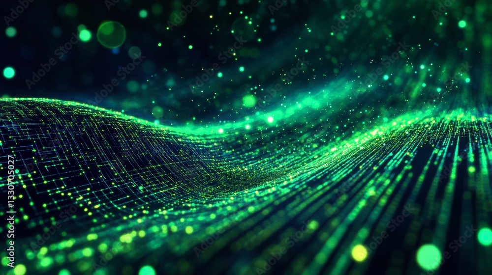 Poster abstract wave of green light particles and digital data flow