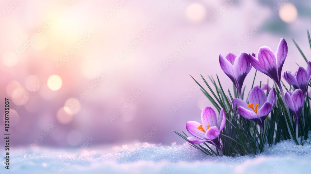 Poster purple crocuses emerging from the snow announce the arrival of spring with a beautiful sunset in the