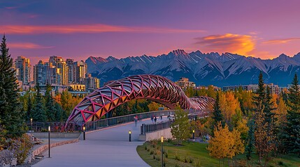 Obraz premium Urban bridge spans a vibrant autumn landscape, framed by majestic mountains at golden hour