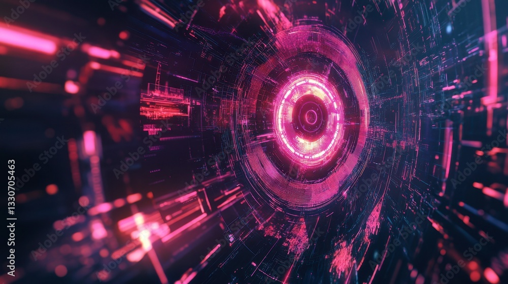 Poster futuristic digital tunnel with neon lights and circular patterns