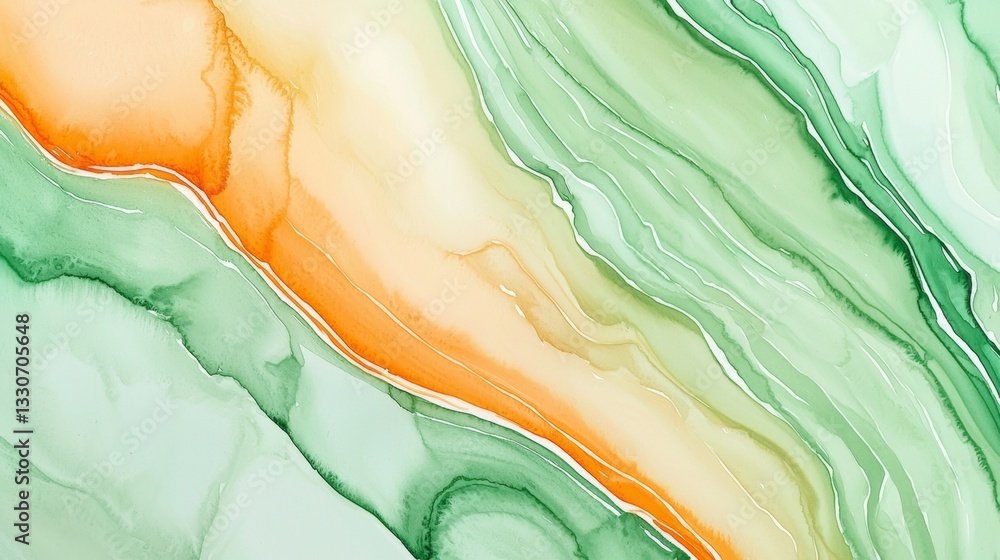 Poster orange and green watercolor paints are mixing together, creating an abstract design with flowing lin