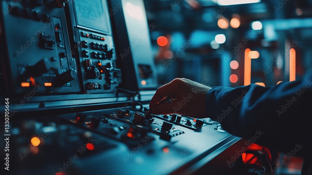 Poster engineer adjusting controls in modern factory environment