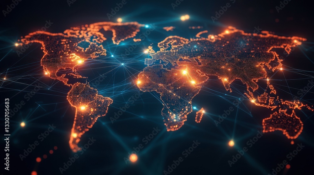 Poster global connectivity with bright network on digital world map