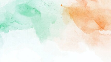 Fototapeta premium Soft, translucent washes of green and orange watercolor paint create a dreamy, abstract background, blending seamlessly on a white canvas with subtle speckles and textures