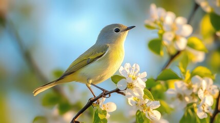 A Pretty Yellow-Green Bird on a Blossom Branch