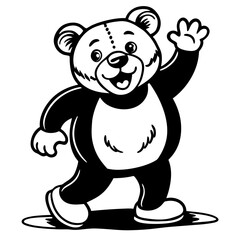 Obraz premium a cartoon teddy bear waving with a cheerful expression. The image is black and white with a simple, friendly design vector illustration