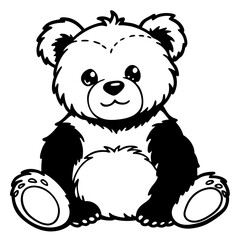 a cute panda bear cartoon with a friendly expression, drawn in black and white. It is sitting and looking forward vector illustration
