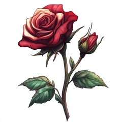 Red rose blossom and bud, isolated, white background, romantic card design