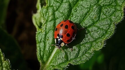 Obraz premium A ladybug crawling on a green leaf with morning dew.
