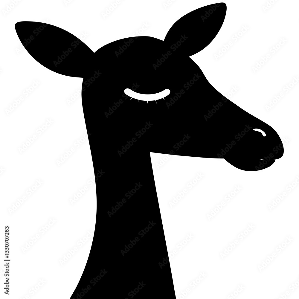 Poster a minimalistic llama silhouette with a gentle expression, perfect for various creative projects. The llama is portrayed with a long neck and closed eyes, creating a calming visual