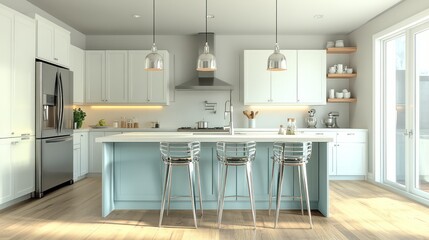 A contemporary coastal kitchen with ivory white cabinets and a soft pastel blue island with stylish chrome barstools