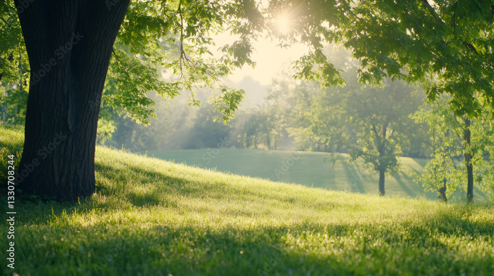 Poster sunlight filtering through verdant trees, casting dappled shadows across peaceful greenery in scenic