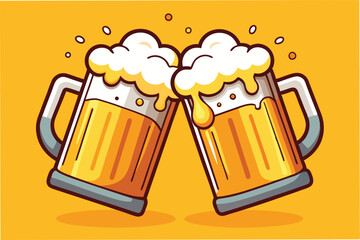 Cheers with two frothy beer mugs clinking together against a bright yellow background in a cheerful celebration moment