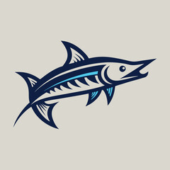 Obraz premium Bold vector logo illustration of a fish showcasing dynamic movement and stylized design emphasizing the beauty of aquatic life in deep blue shades