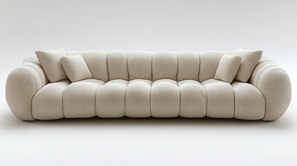 Plush, off-white tufted sofa with rounded edges and bolster pillows