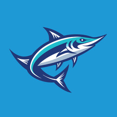 Obraz premium Bold vector logo illustration of a fish showcasing dynamic movement and stylized design emphasizing the beauty of aquatic life in deep blue shades